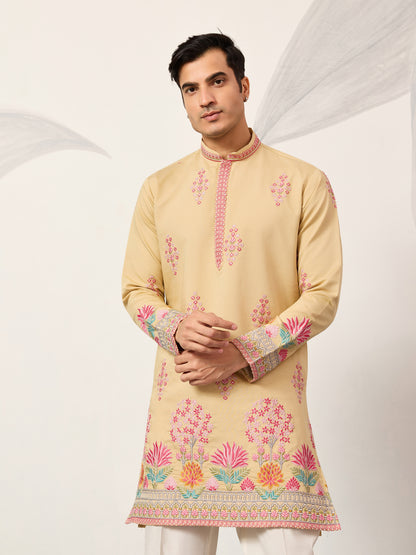 Royal Mustard Yellow Floral Embroidered Kurta for Men – Premium Festive Designer Wear