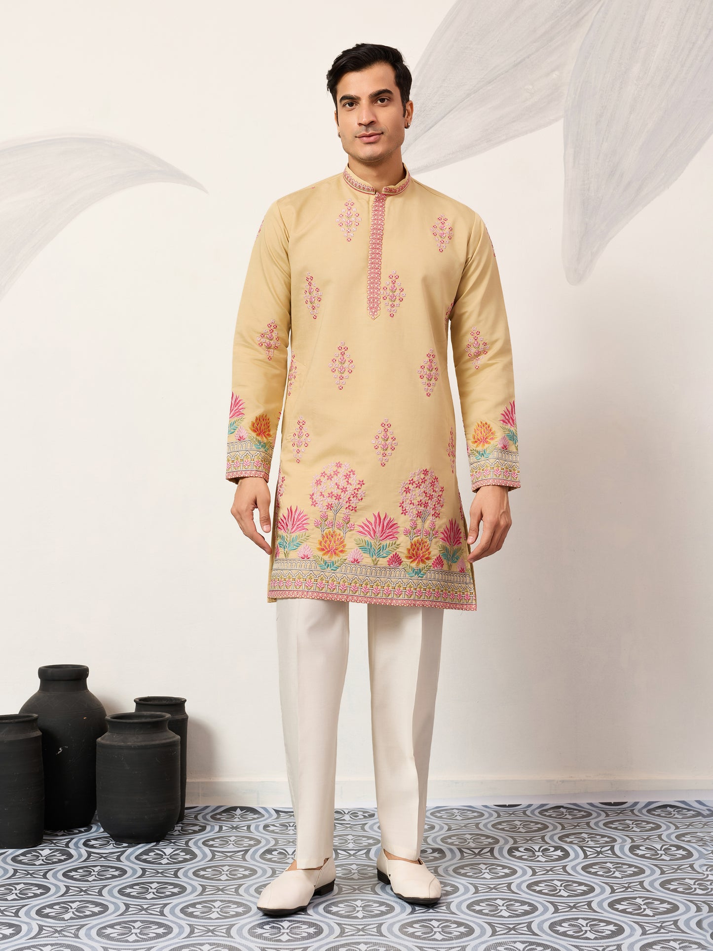 Royal Mustard Yellow Floral Embroidered Kurta for Men – Premium Festive Designer Wear