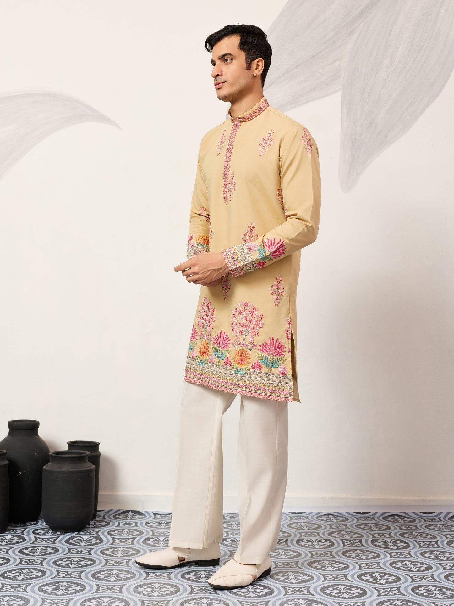 Royal Mustard Yellow Floral Embroidered Kurta for Men – Premium Festive Designer Wear
