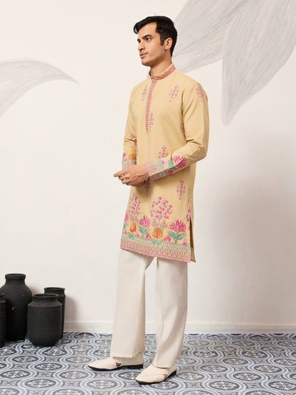 Royal Mustard Yellow Floral Embroidered Kurta for Men – Premium Festive Designer Wear