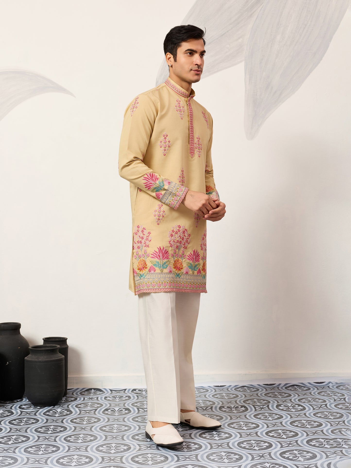 Royal Mustard Yellow Floral Embroidered Kurta for Men – Premium Festive Designer Wear