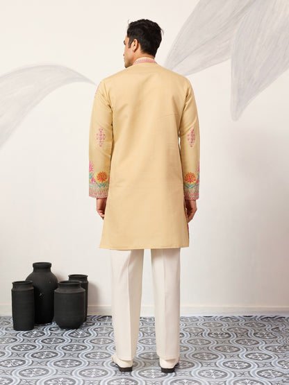 Royal Mustard Yellow Floral Embroidered Kurta for Men – Premium Festive Designer Wear