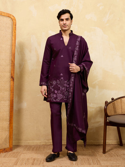 Regal Aubergine Embroidered Kurta Set with Statement Drape
