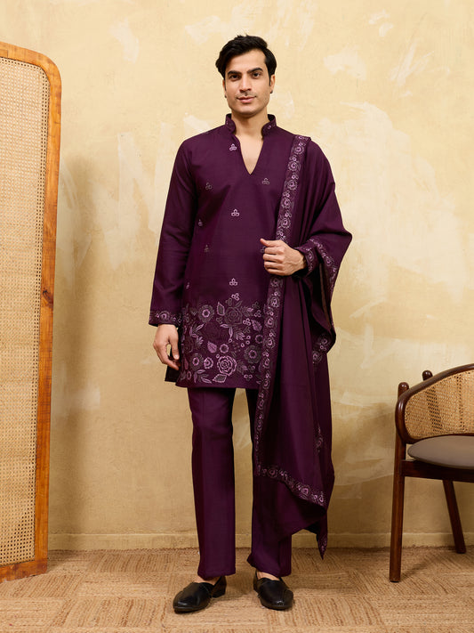 Regal Aubergine Embroidered Kurta Set with Statement Drape