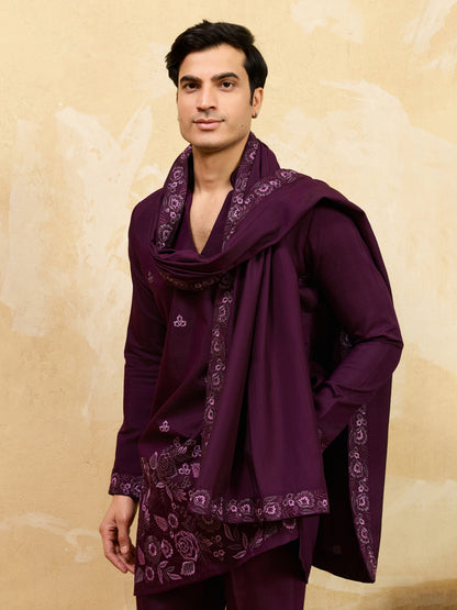 Regal Aubergine Embroidered Kurta Set with Statement Drape