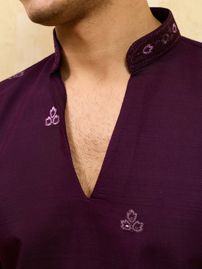 Regal Aubergine Embroidered Kurta Set with Statement Drape