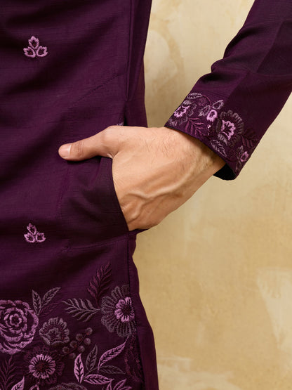 Regal Aubergine Embroidered Kurta Set with Statement Drape