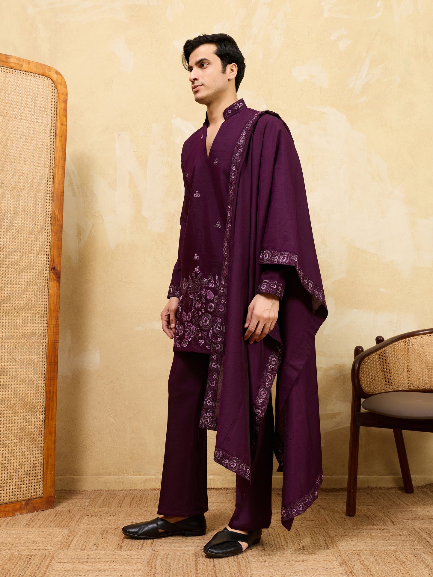 Regal Aubergine Embroidered Kurta Set with Statement Drape