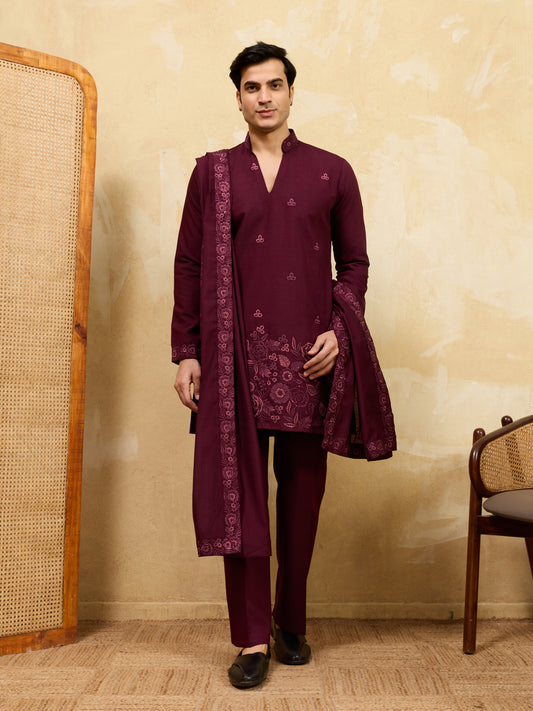 Midnight Garnet Embroidered Kurta Ensemble with Heritage Drape