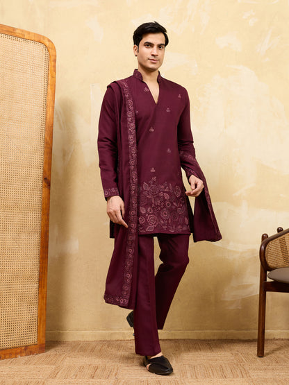 Midnight Garnet Embroidered Kurta Ensemble with Heritage Drape