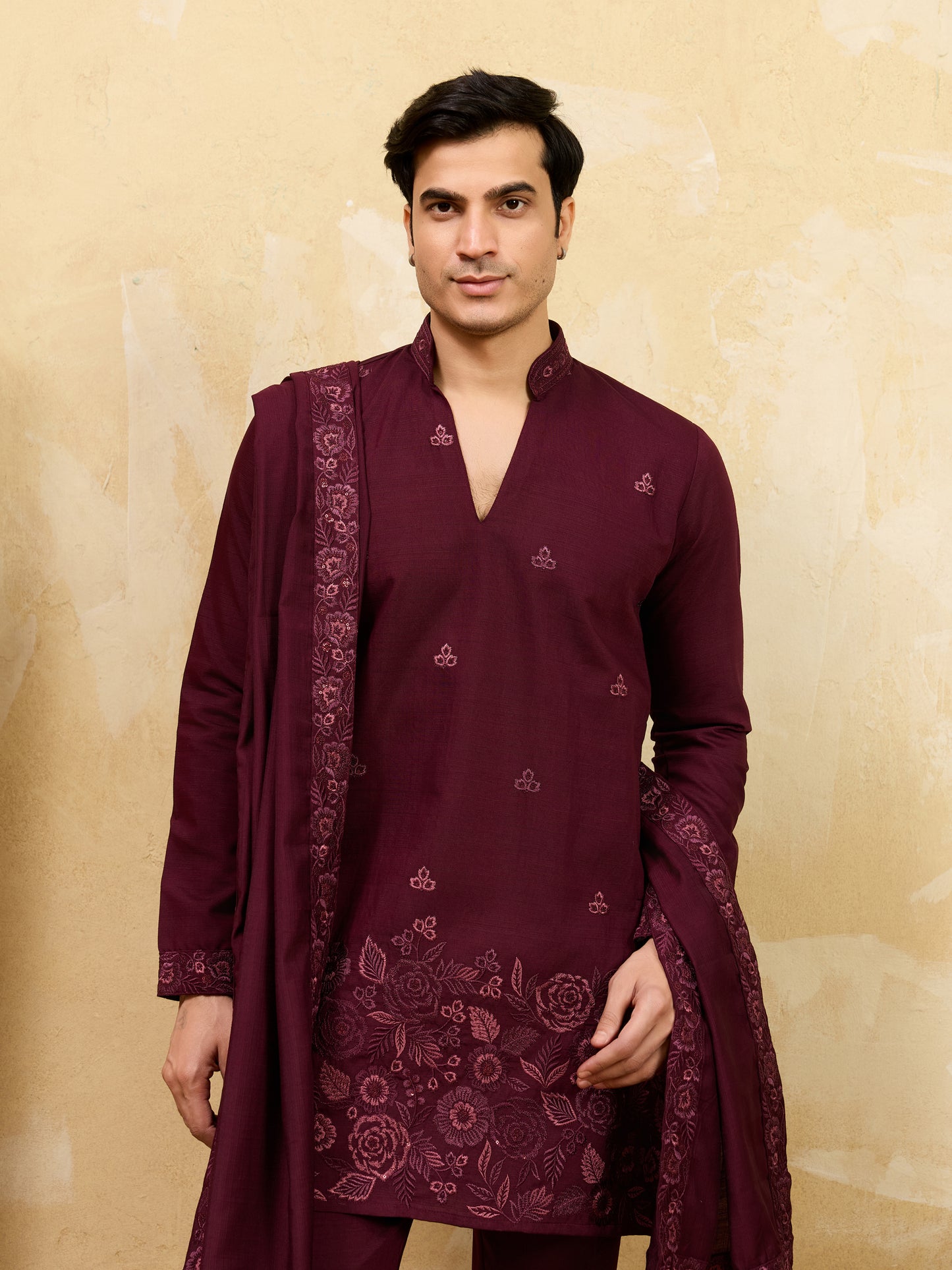 Midnight Garnet Embroidered Kurta Ensemble with Heritage Drape