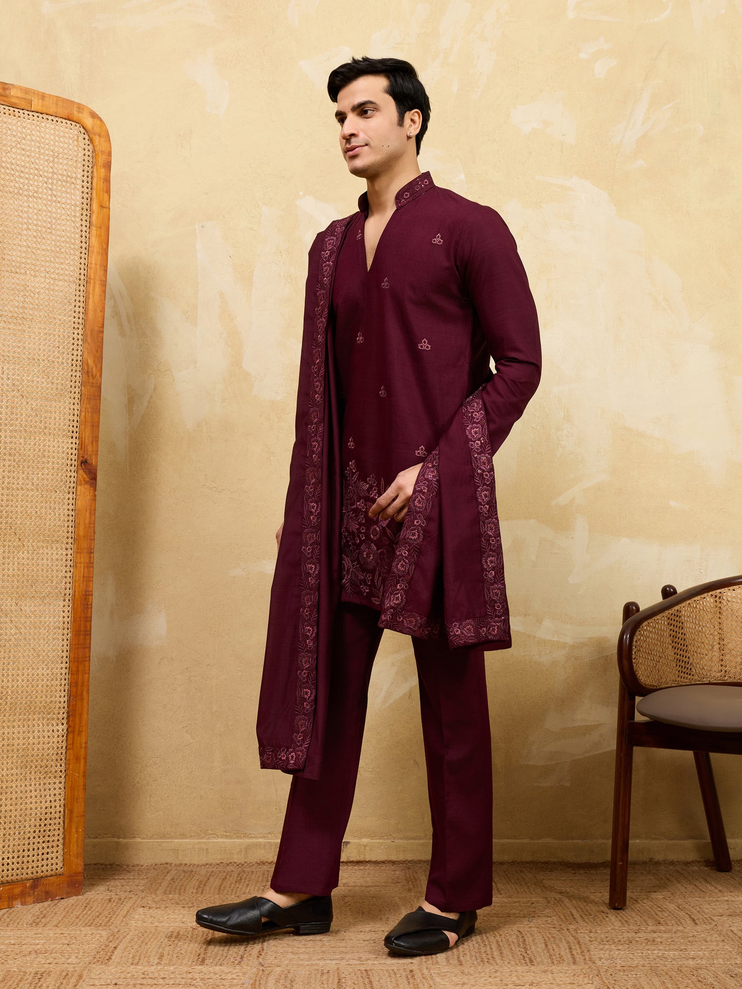 Midnight Garnet Embroidered Kurta Ensemble with Heritage Drape