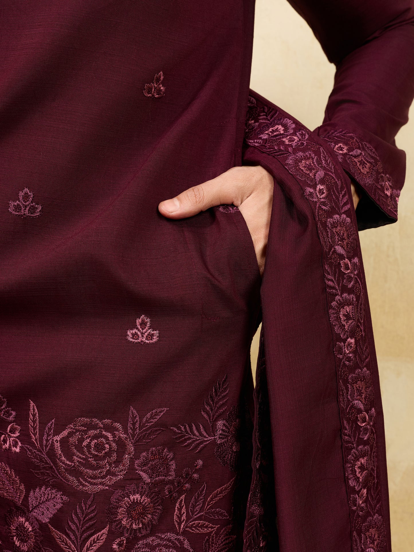 Midnight Garnet Embroidered Kurta Ensemble with Heritage Drape