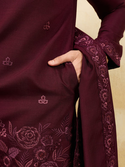 Midnight Garnet Embroidered Kurta Ensemble with Heritage Drape