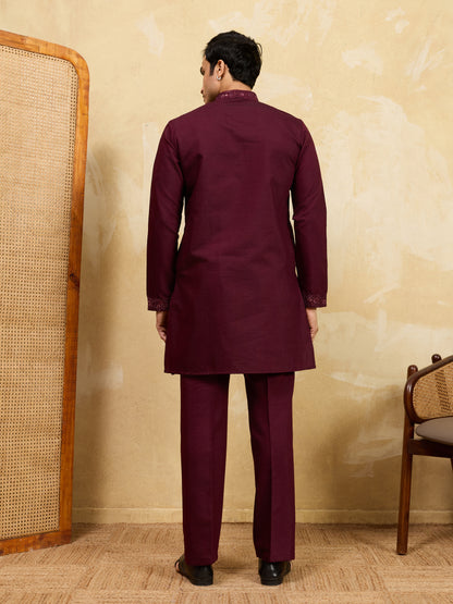 Midnight Garnet Embroidered Kurta Ensemble with Heritage Drape