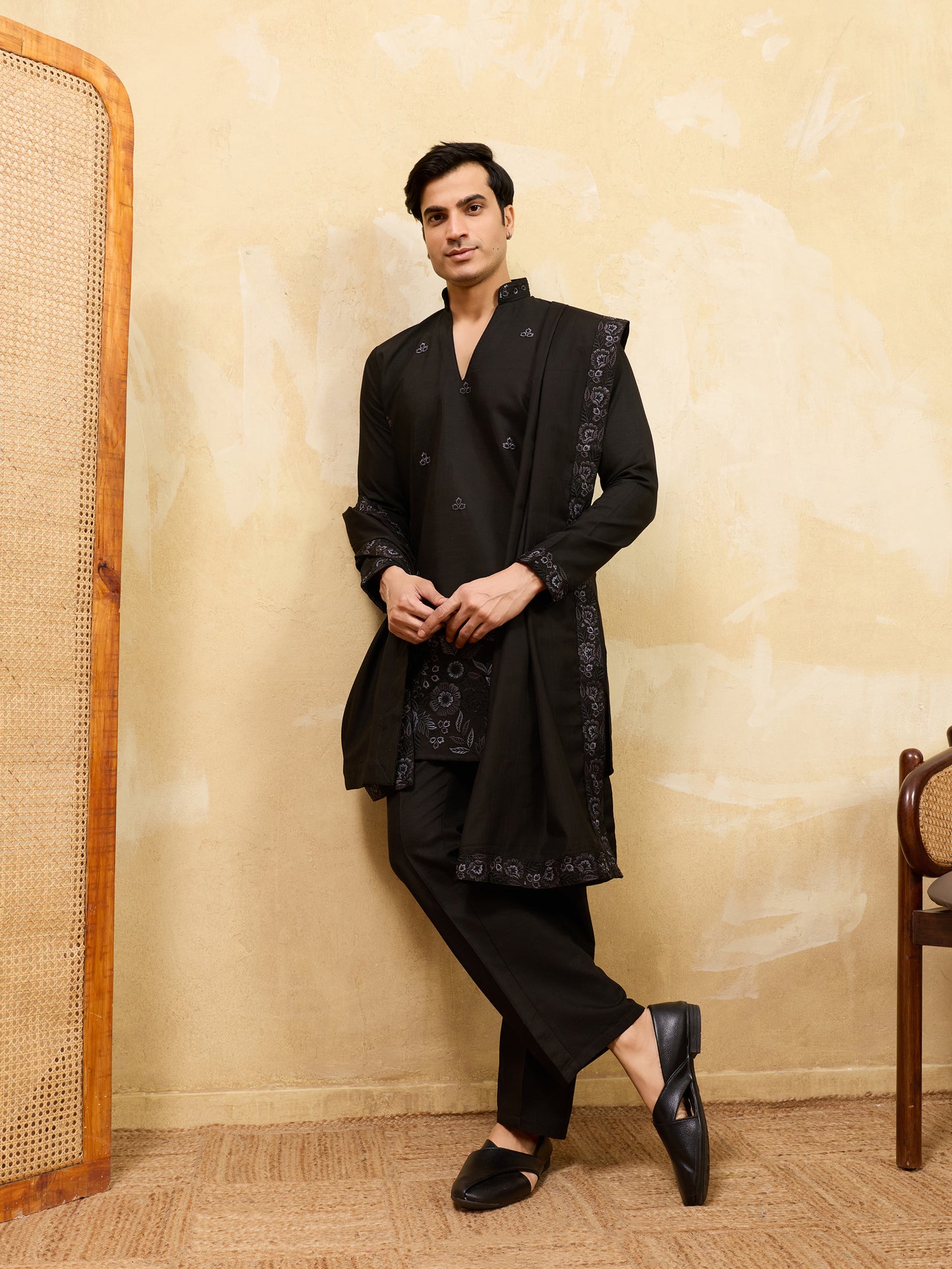 Classic Black Kurta Pajama with Embroidered Dupatta