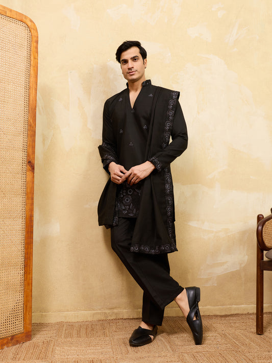 Classic Black Kurta Pajama with Embroidered Dupatta