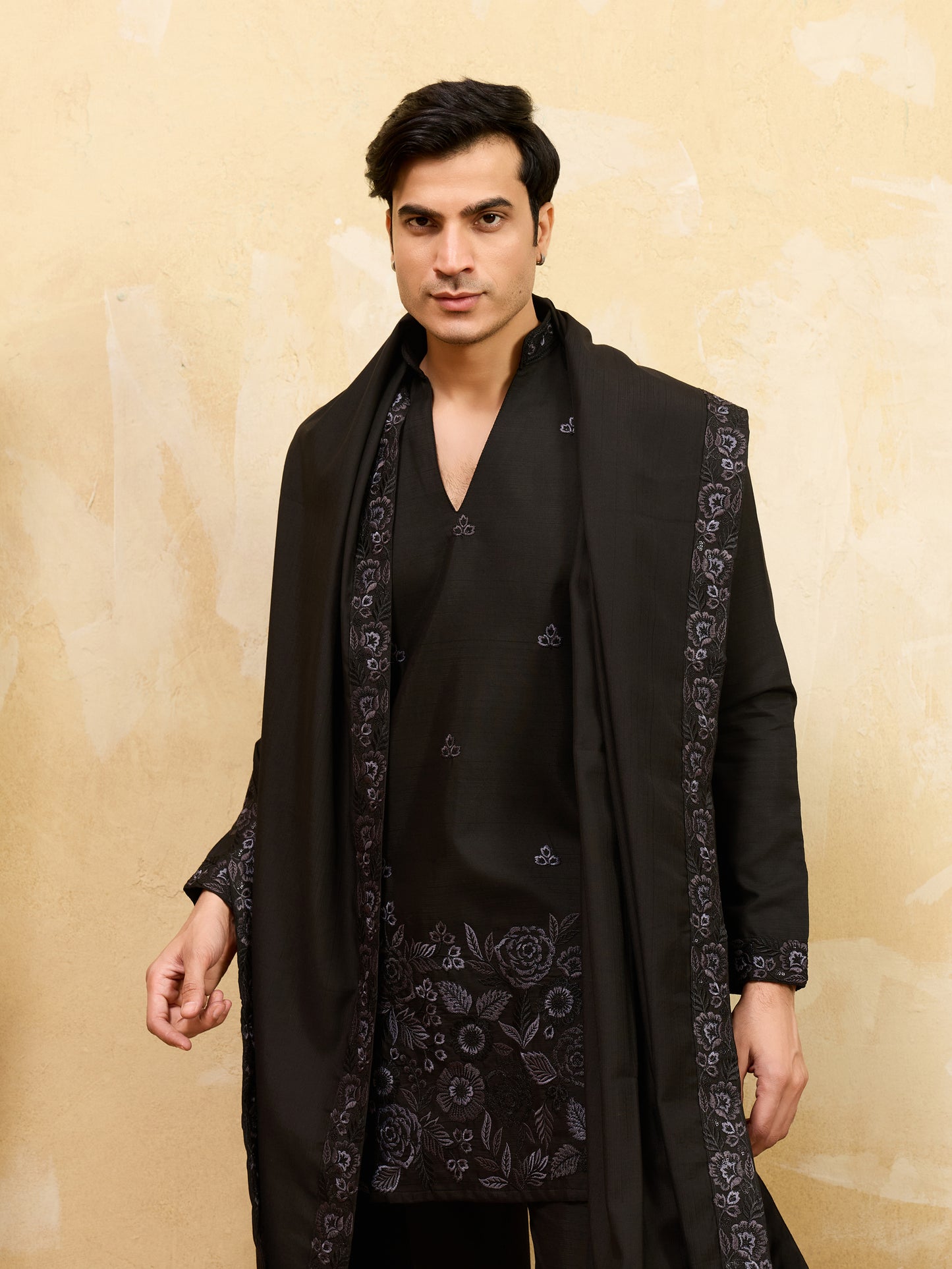 Classic Black Kurta Pajama with Embroidered Dupatta