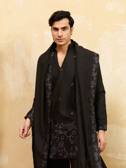 Classic Black Kurta Pajama with Embroidered Dupatta