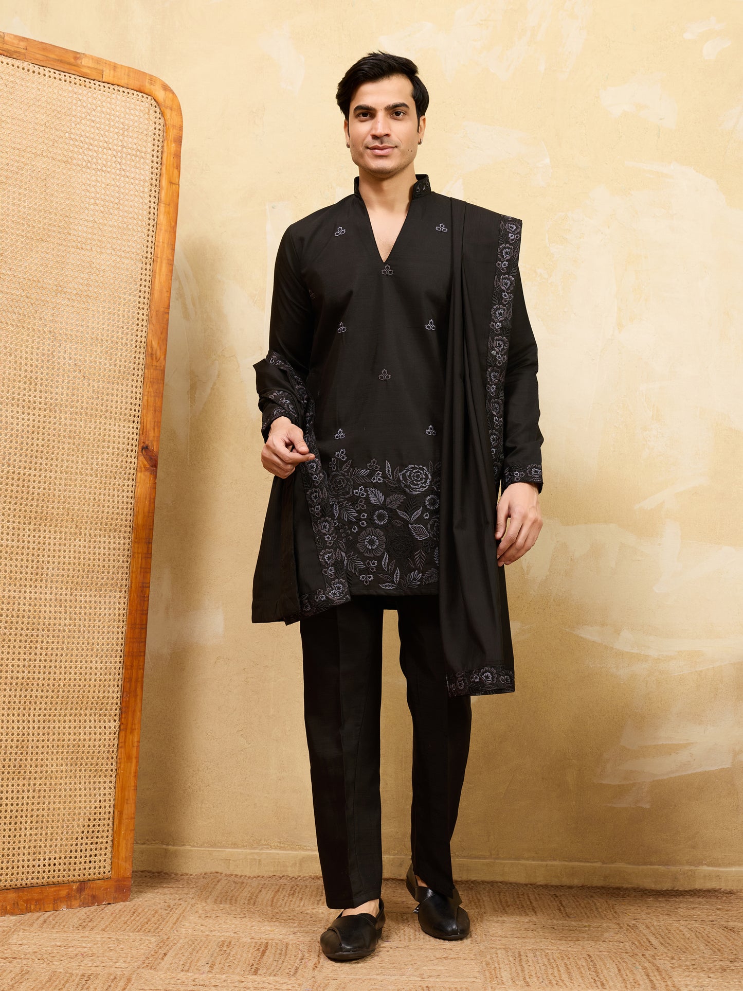 Classic Black Kurta Pajama with Embroidered Dupatta