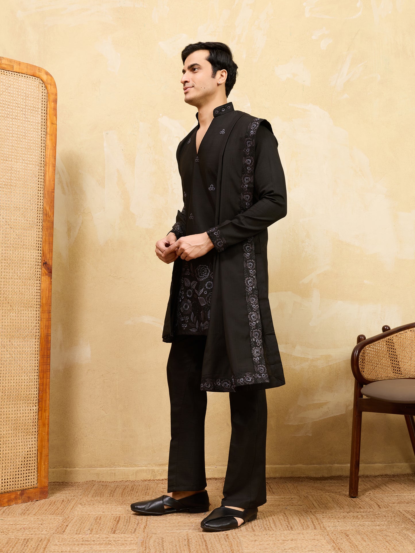 Classic Black Kurta Pajama with Embroidered Dupatta