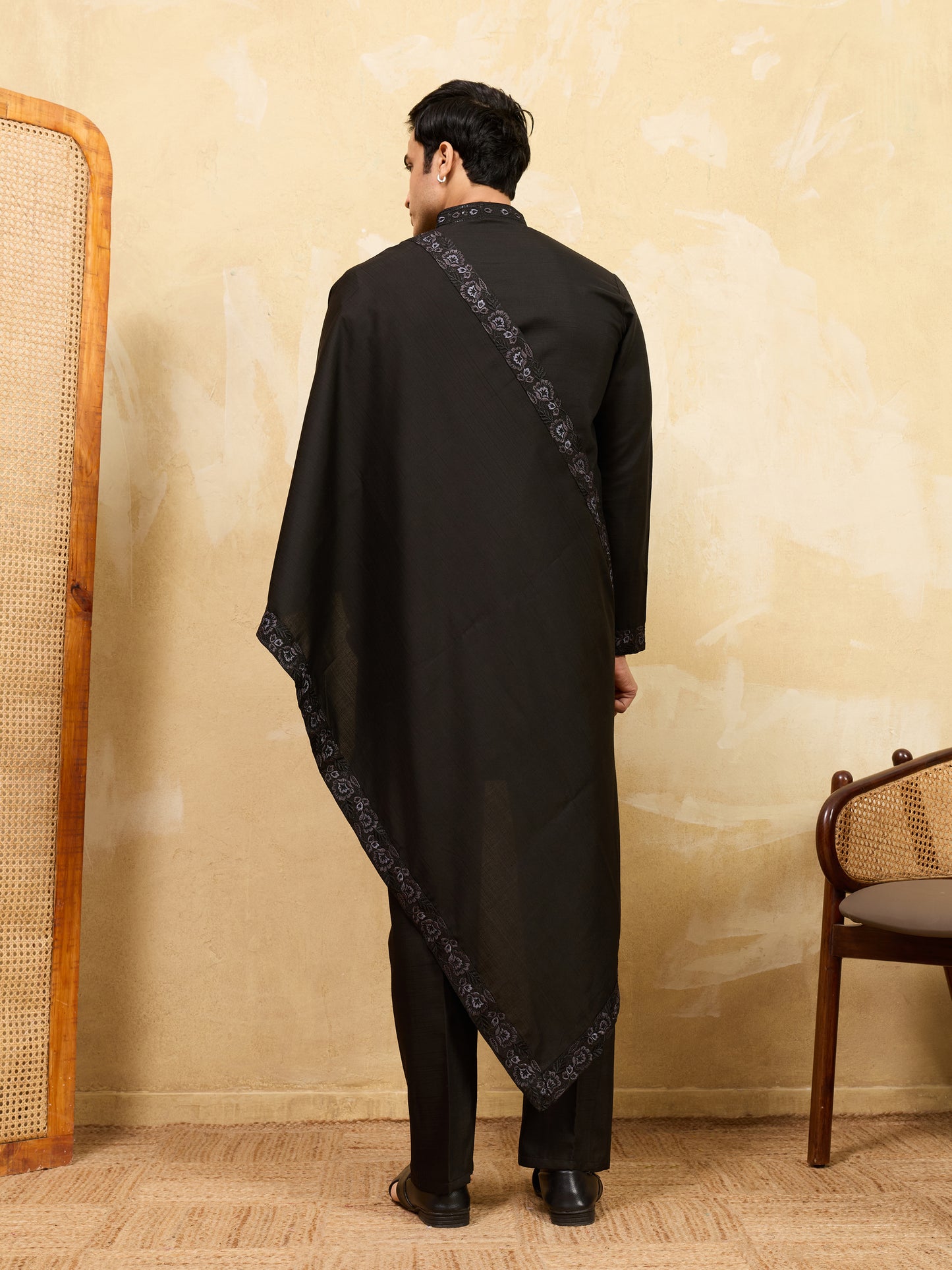 Classic Black Kurta Pajama with Embroidered Dupatta