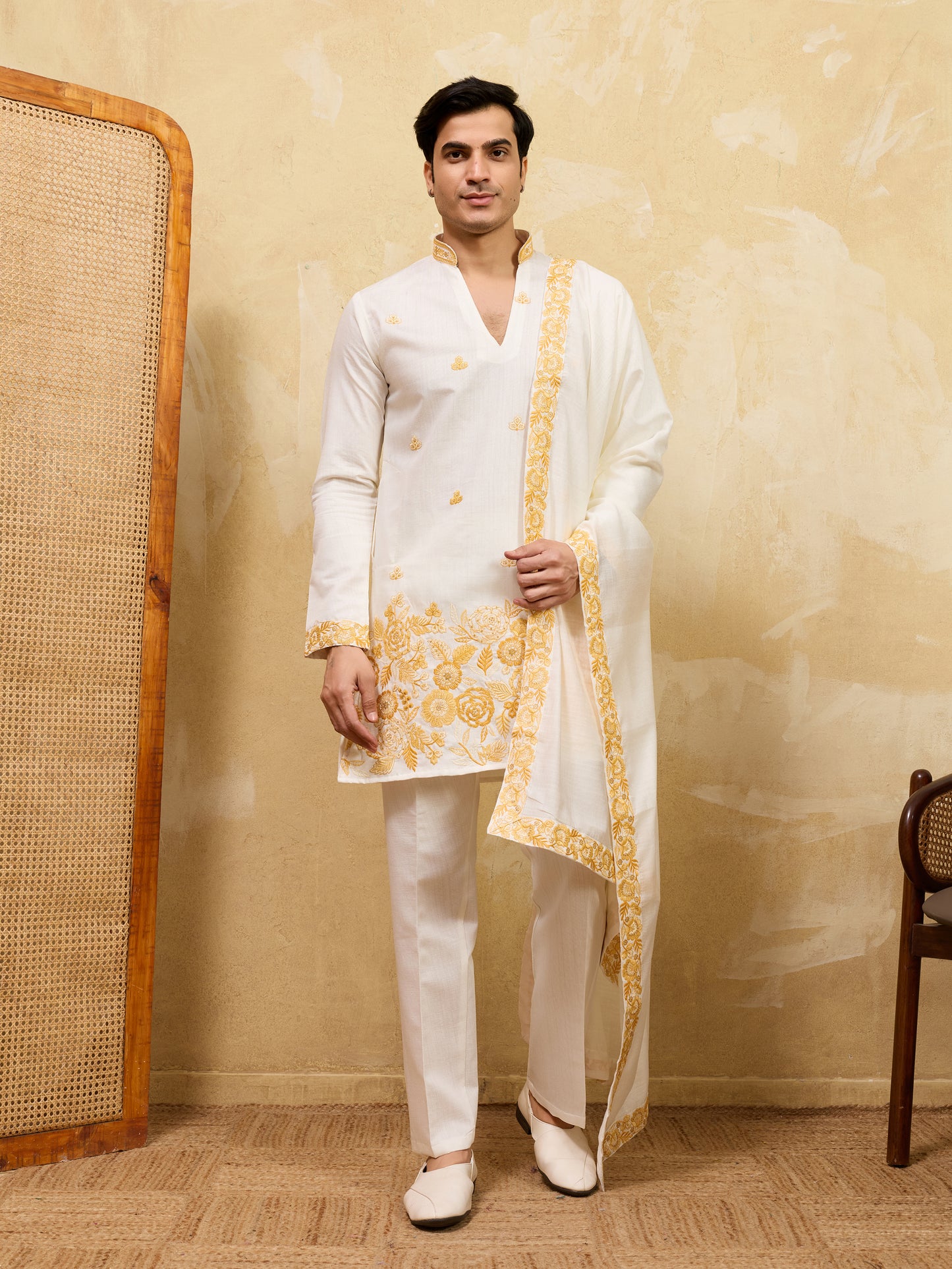 Ivory Gold Embroidered Kurta Set with Regal Dupatta