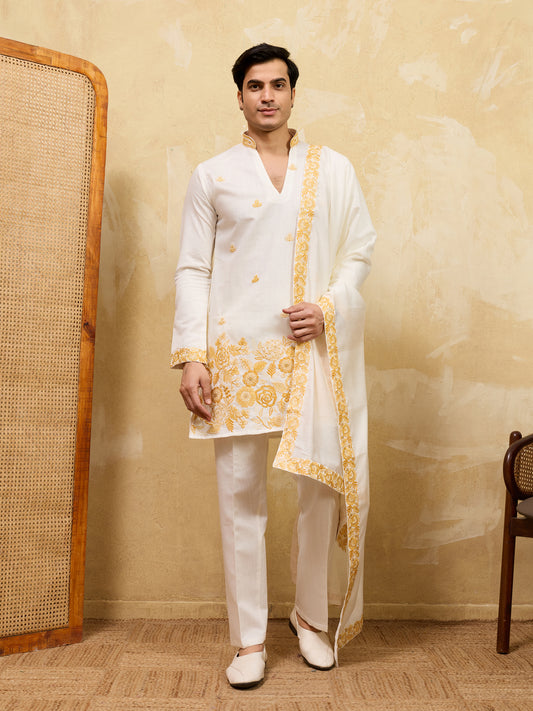 Ivory Gold Embroidered Kurta Set with Regal Dupatta