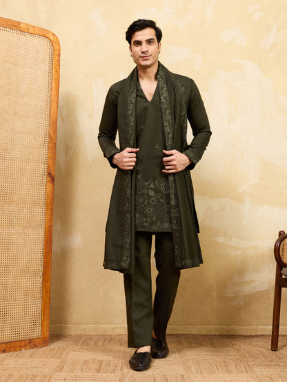 Midnight Olive Embroidered Kurta Set with Statement Stole