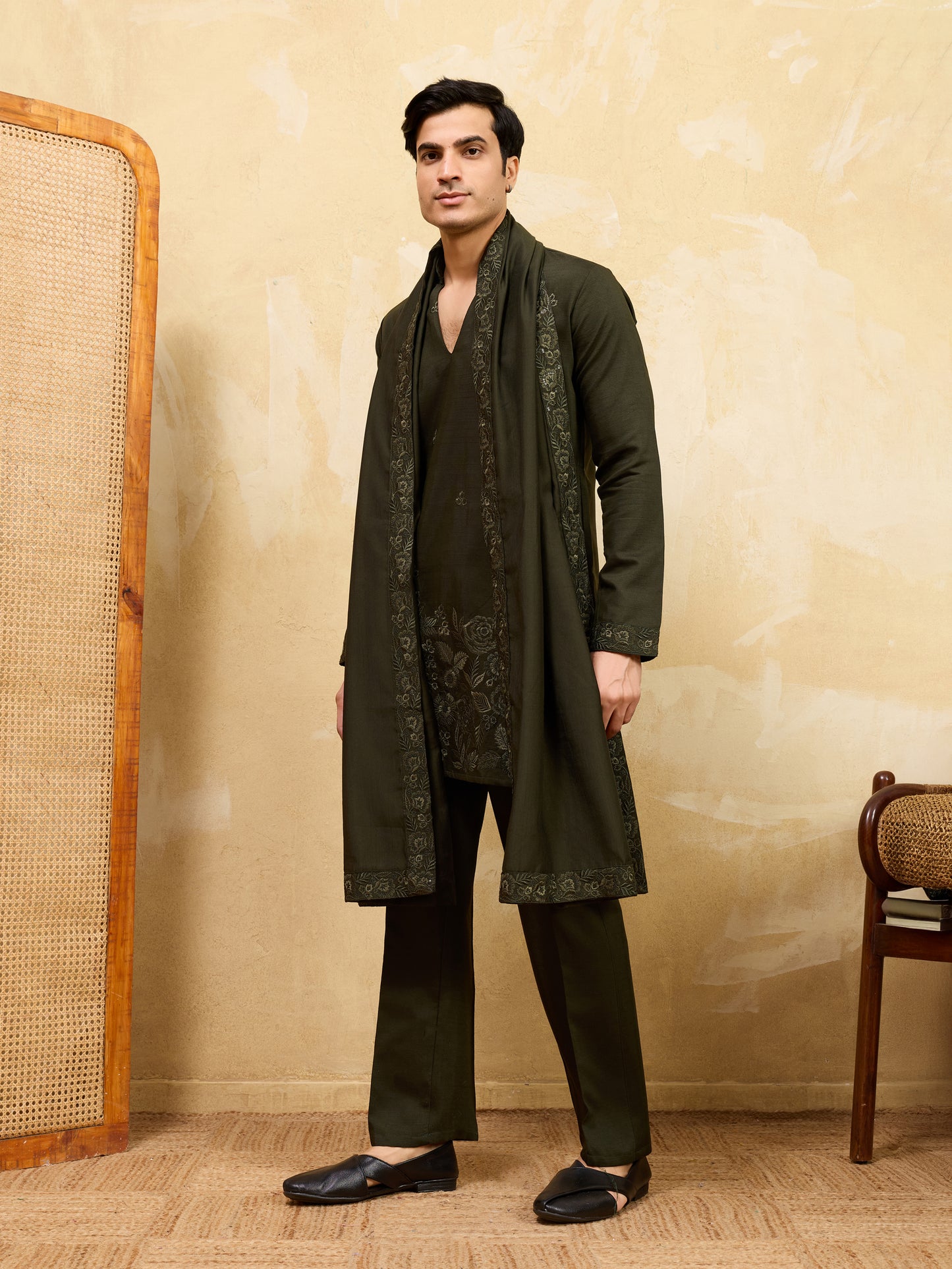 Midnight Olive Embroidered Kurta Set with Statement Stole