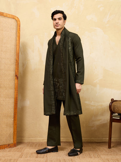 Midnight Olive Embroidered Kurta Set with Statement Stole