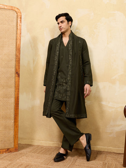 Midnight Olive Embroidered Kurta Set with Statement Stole