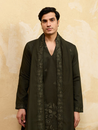 Midnight Olive Embroidered Kurta Set with Statement Stole