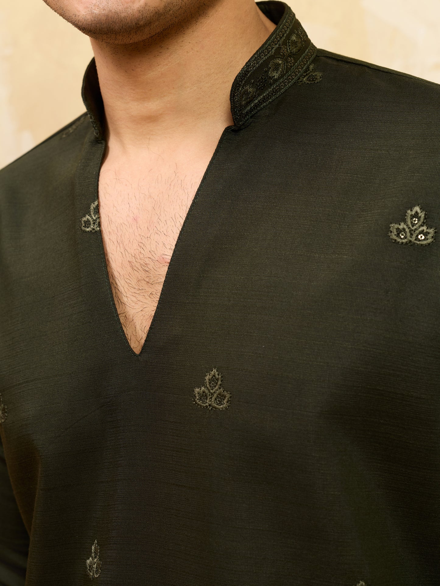 Midnight Olive Embroidered Kurta Set with Statement Stole