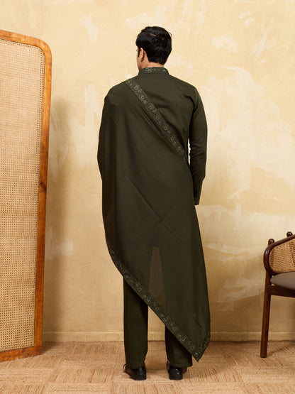 Midnight Olive Embroidered Kurta Set with Statement Stole