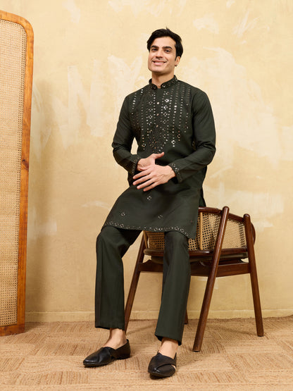Royal Emerald Mirror Work Kurta with Pant Set for Men