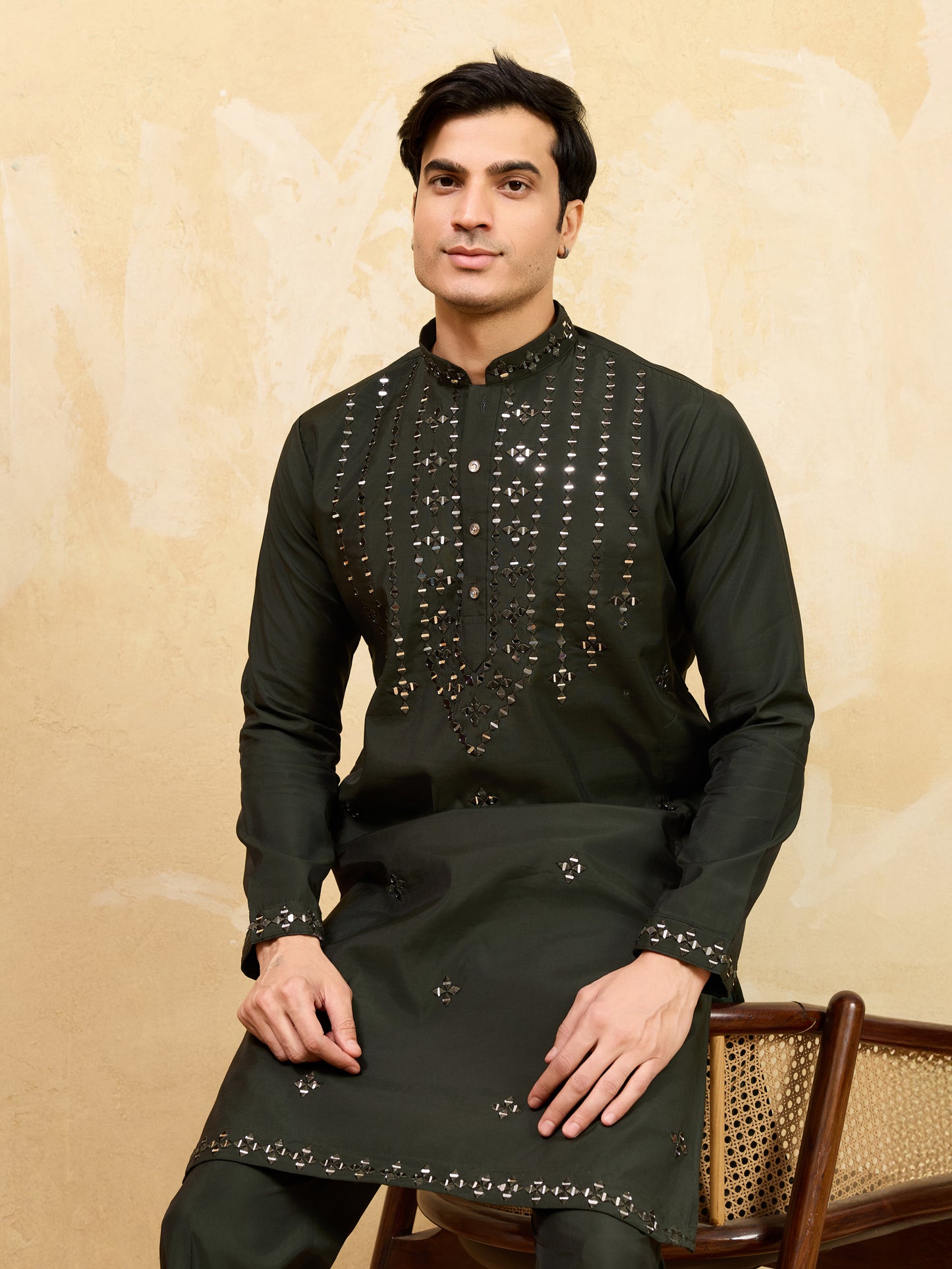 Royal Emerald Mirror Work Kurta with Pant Set for Men