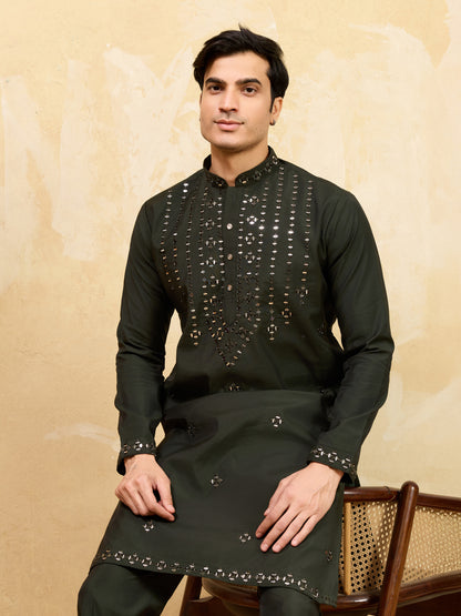 Royal Emerald Mirror Work Kurta with Pant Set for Men