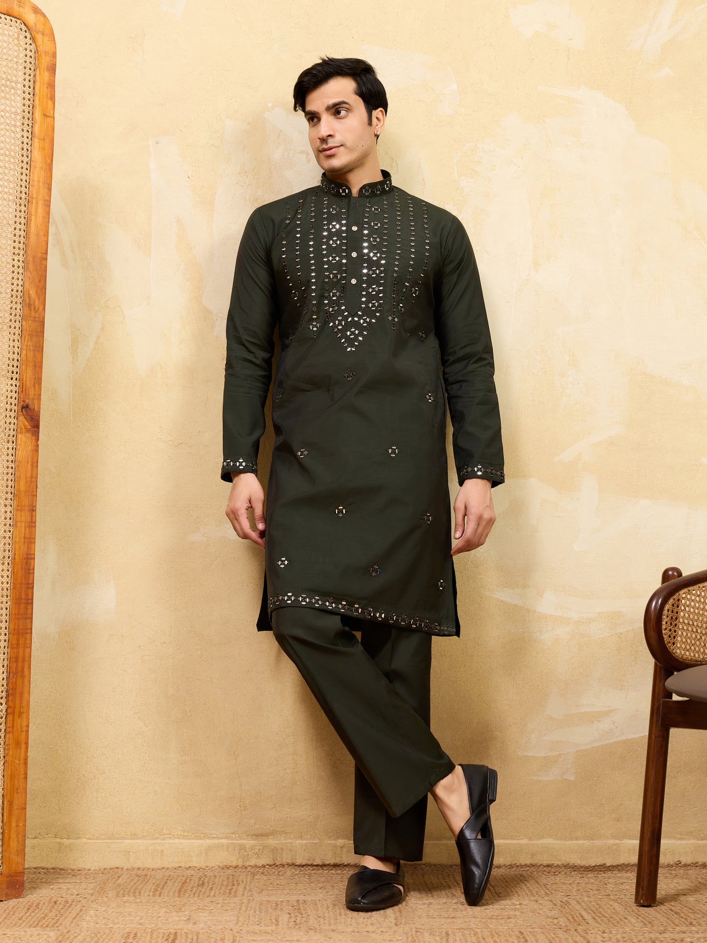 Royal Emerald Mirror Work Kurta with Pant Set for Men