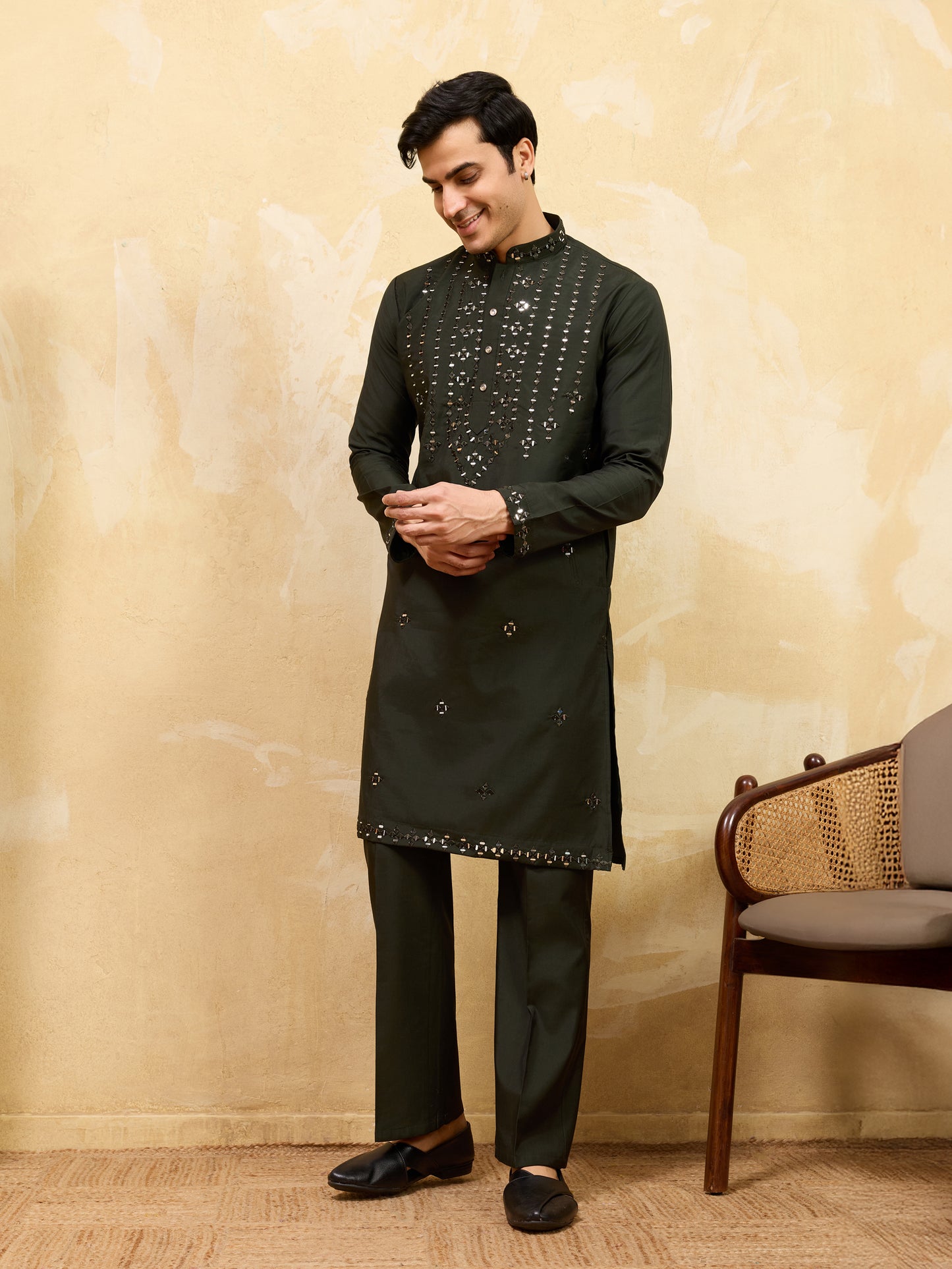 Royal Emerald Mirror Work Kurta with Pant Set for Men