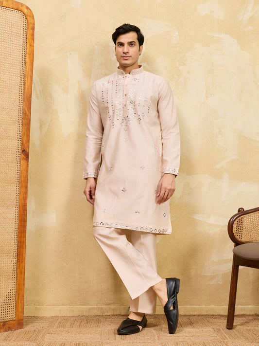 Royal Beige Mirror Work Kurta with Pant Set for Men