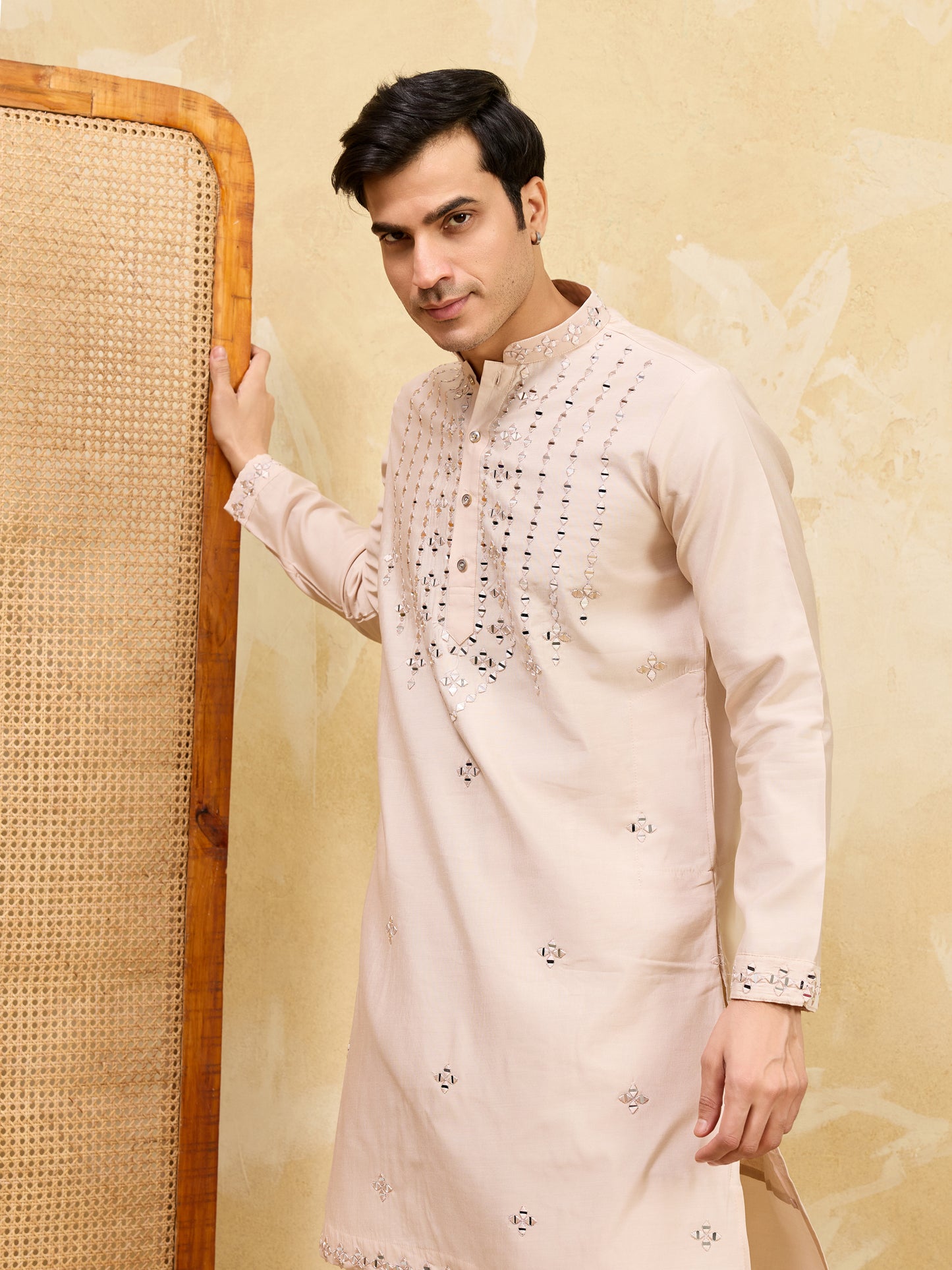 Royal Beige Mirror Work Kurta with Pant Set for Men
