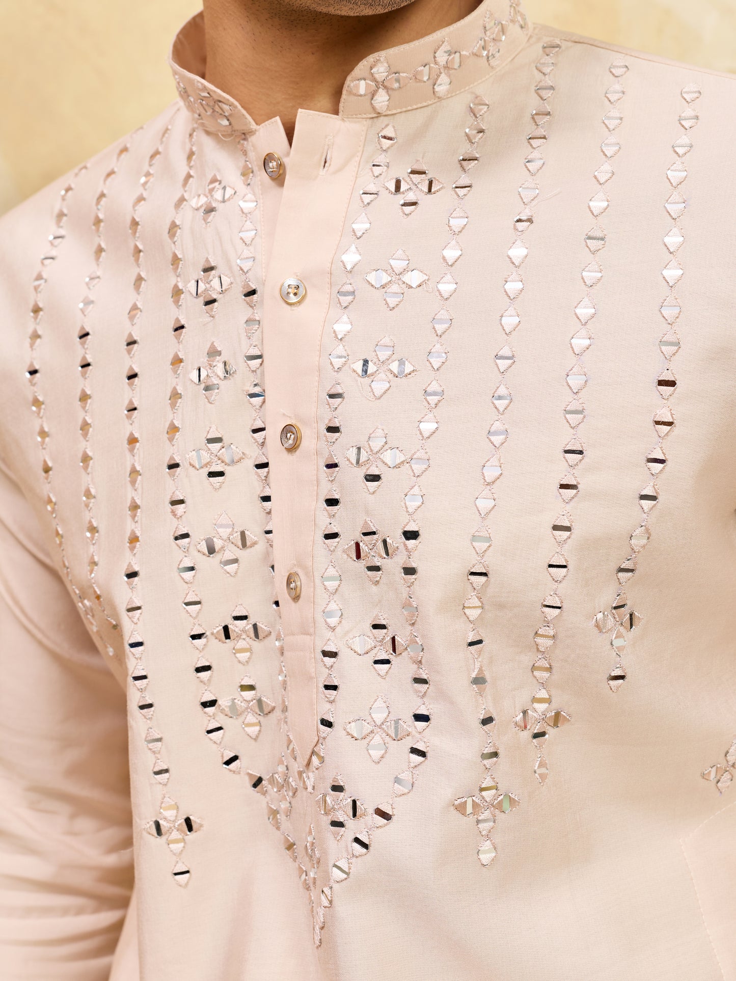 Royal Beige Mirror Work Kurta with Pant Set for Men