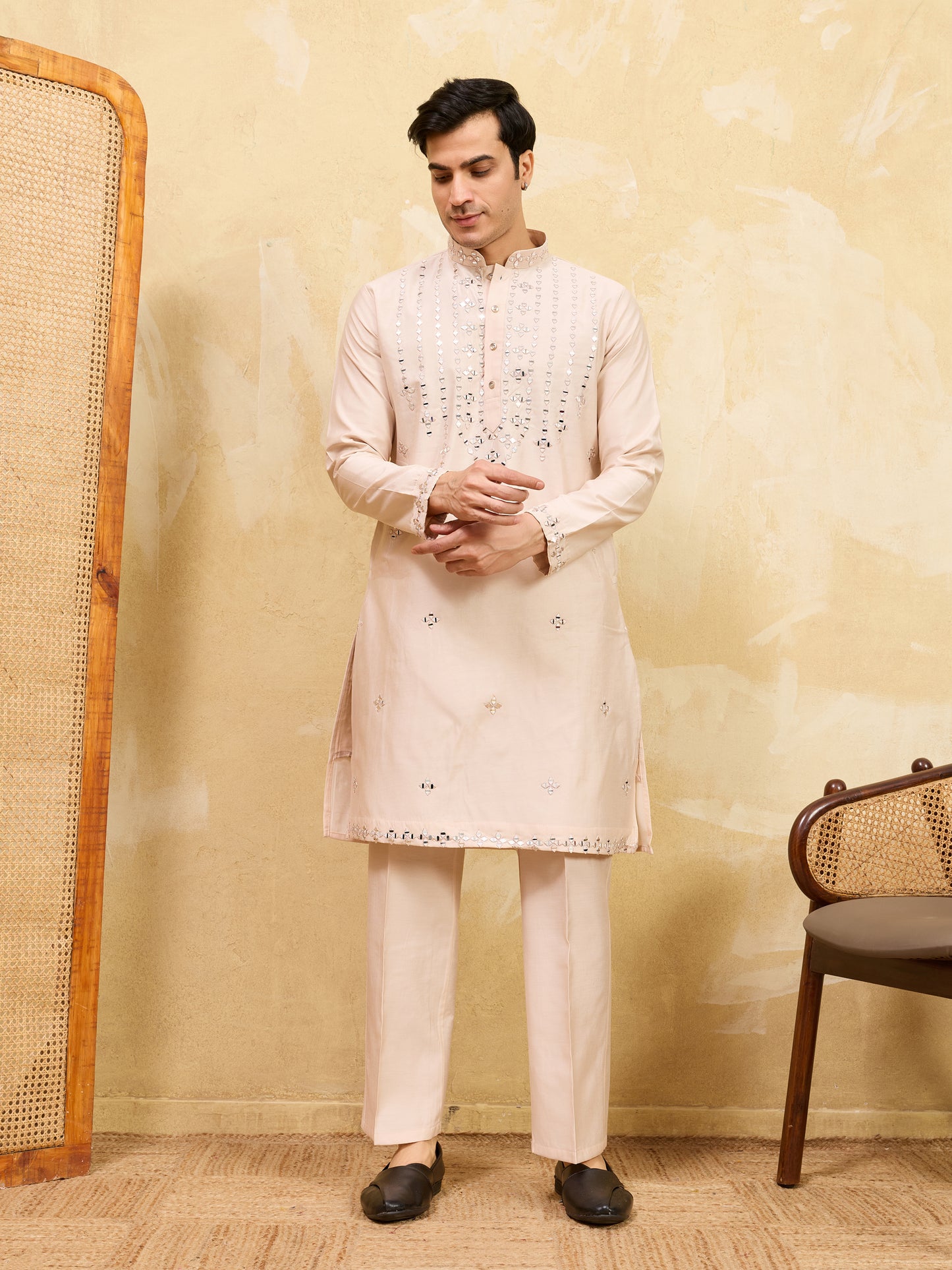 Royal Beige Mirror Work Kurta with Pant Set for Men
