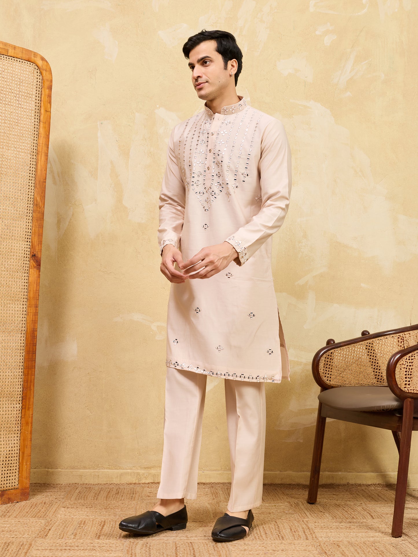 Royal Beige Mirror Work Kurta with Pant Set for Men