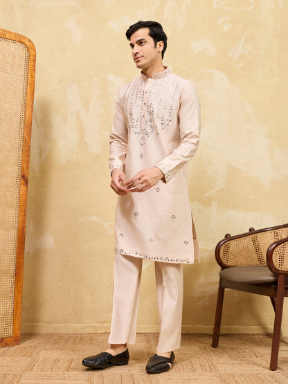 Royal Beige Mirror Work Kurta with Pant Set for Men