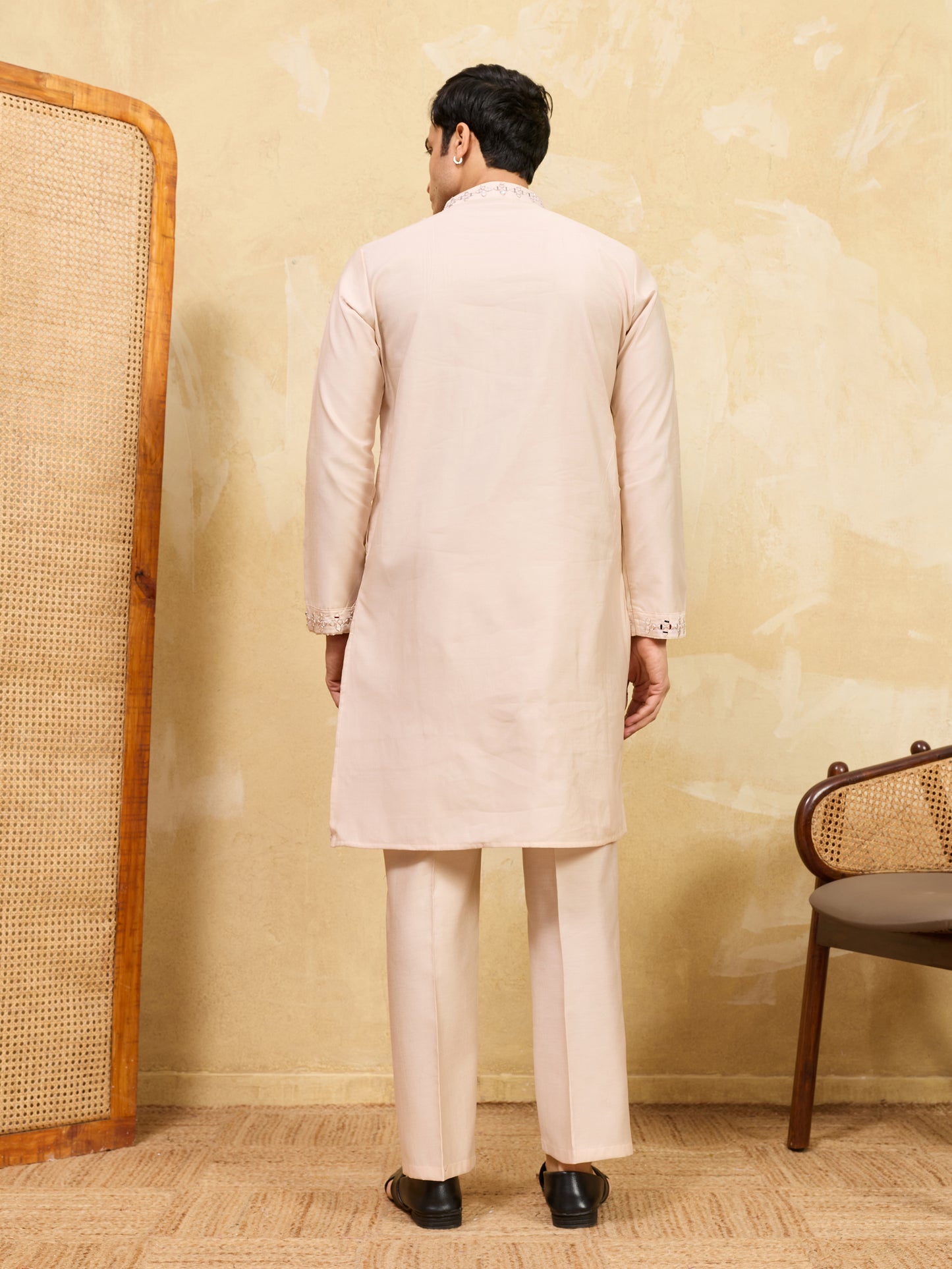 Royal Beige Mirror Work Kurta with Pant Set for Men