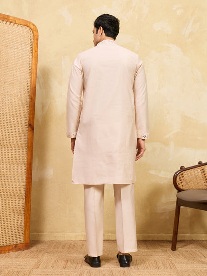 Royal Beige Mirror Work Kurta with Pant Set for Men