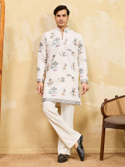 Royal Ivory White Botanical Printed Kurta for Men – Premium Festive Designer Wear