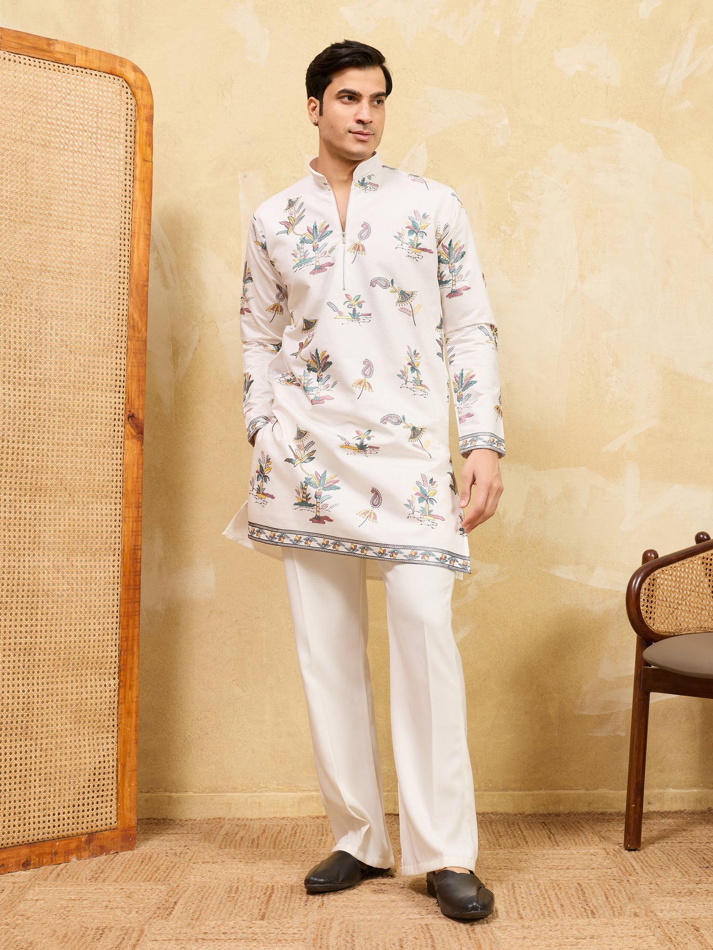 Royal Ivory White Botanical Printed Kurta for Men – Premium Festive Designer Wear